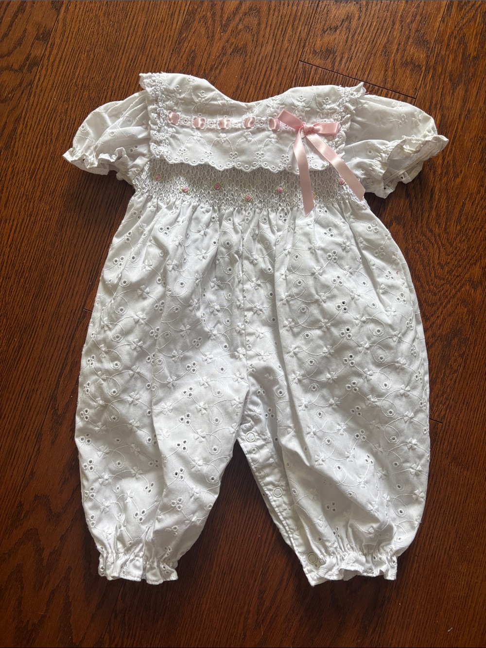 Vintage White Eyelet Baby Romper with Pink Ribbon